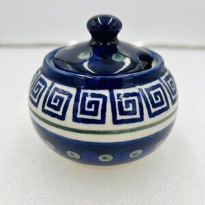Boleslawiec Polish Pottery Hand Painted Greek Key Pattern Sugar/Jam Bowl w/Lid